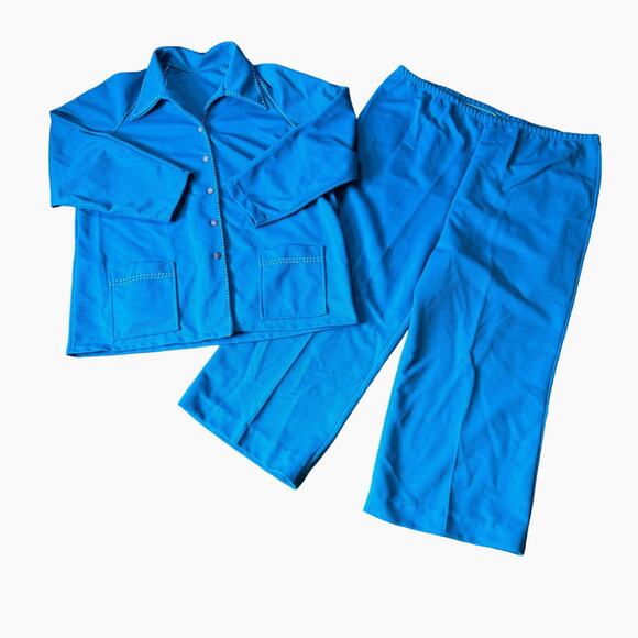 Vintage 70s Ladies Blue White Stitching Pink Button Pant & Jacket Suit Size 2X‎ - Picture 1 of 12